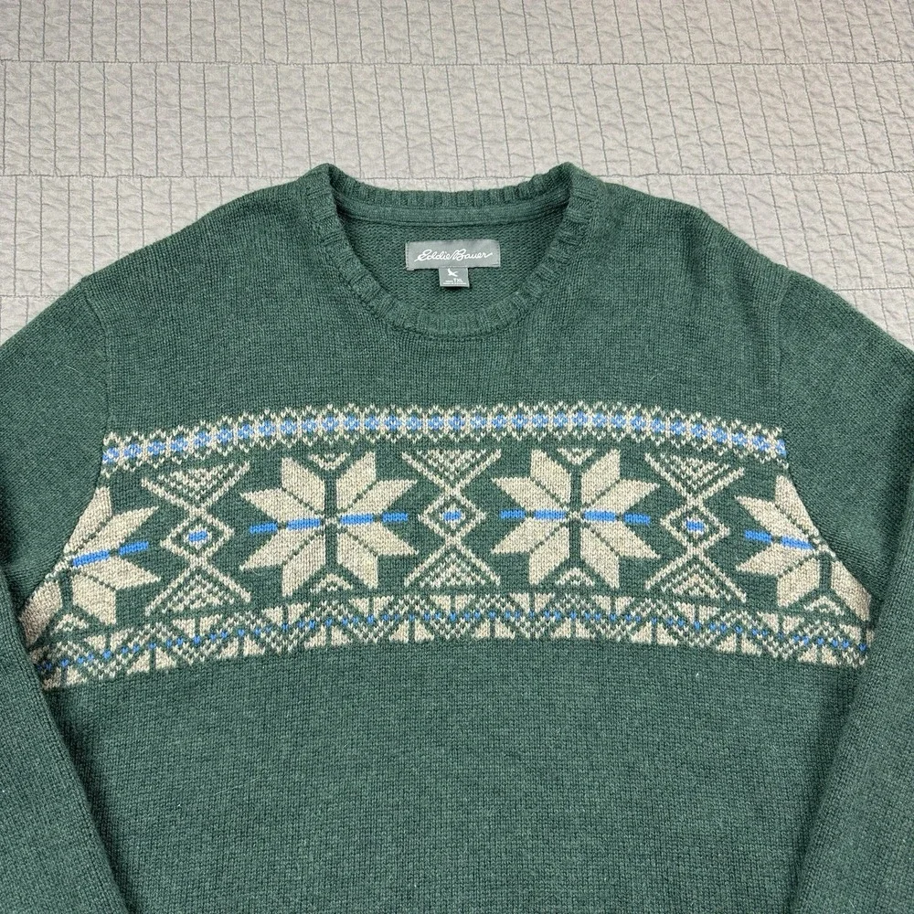 Eddie Bauer Sweater Men's XL Tall Green Wool‎ Blend Nordic Fair Isle Fisherman - Picture 2 of 10